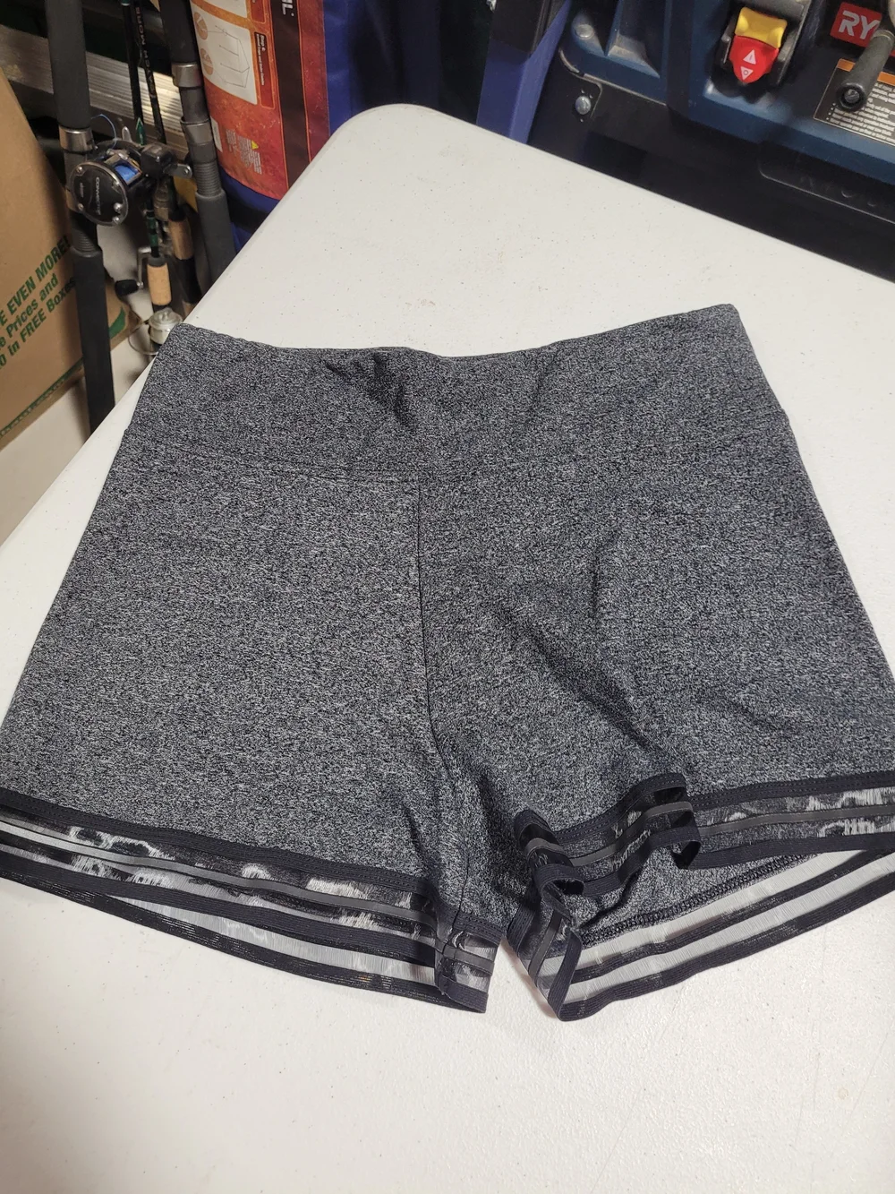 High-Rise Heathered Gray Athletic Shorts with Mesh Hem